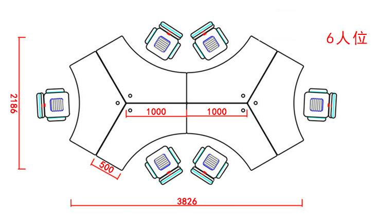 異形辦公桌六人位尺寸圖